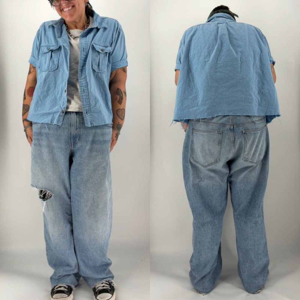 Croft & Barrow Mens XXL Blue Short Sleeve Button Down Shirt Raw Hem Cropped
